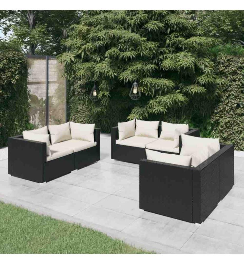 Salon de jardin 6 pcs avec coussins Résine tressée Noir
