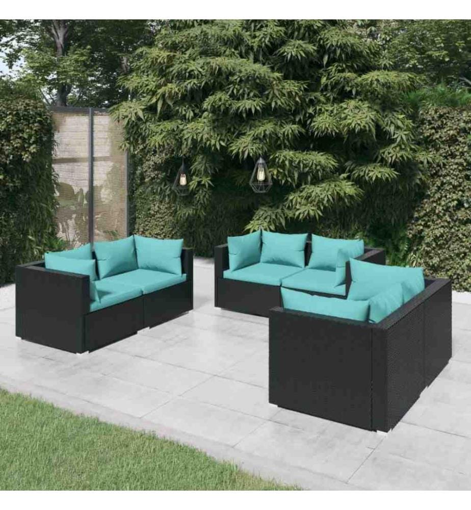 Salon de jardin 6 pcs avec coussins Résine tressée Noir