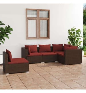 5-tlg. Garten-Lounge-Set mit Kissen Poly Rattan Braun