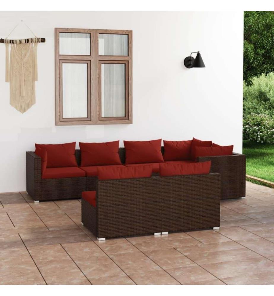 7-tlg. Garten-Lounge-Set mit Kissen Braun Poly Rattan