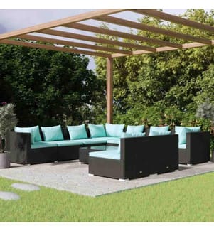 10-tlg. Garten-Lounge-Set mit Kissen Schwarz Poly Rattan