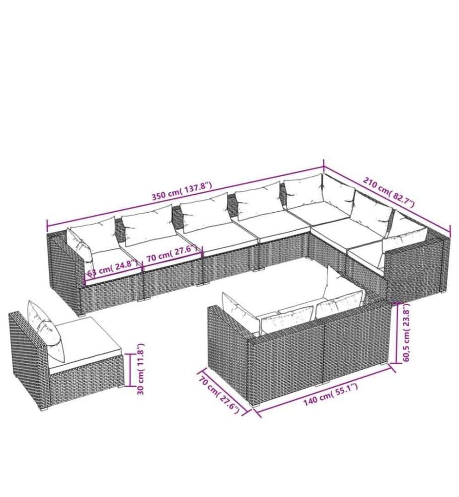 10-tlg. Garten-Lounge-Set mit Kissen Poly Rattan Braun