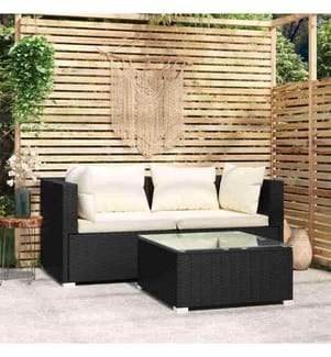 3-tlg. Garten-Lounge-Set mit Auflagen Schwarz Poly Rattan
