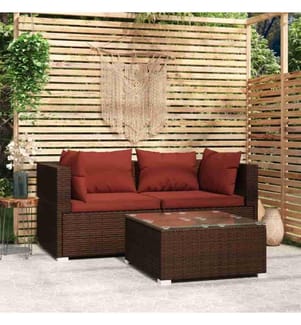 3-tlg. Garten-Lounge-Set mit Kissen Braun Poly Rattan