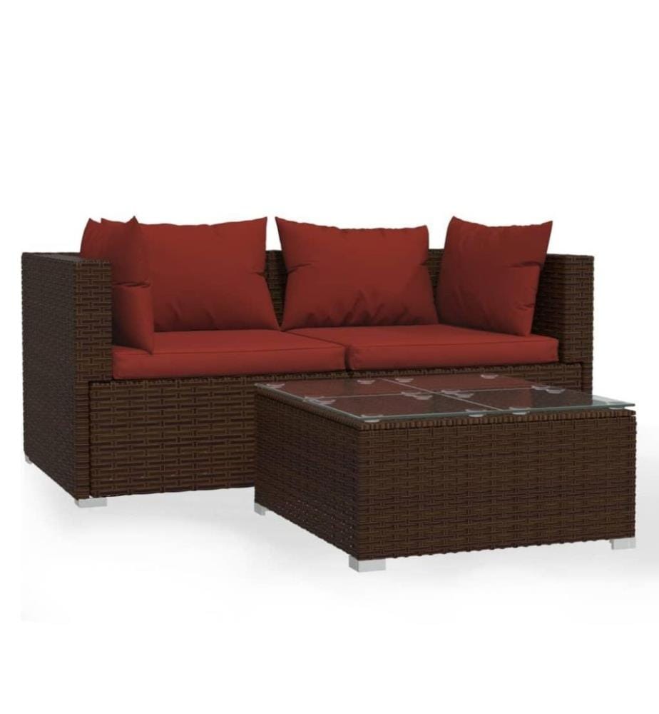 3-tlg. Garten-Lounge-Set mit Kissen Braun Poly Rattan