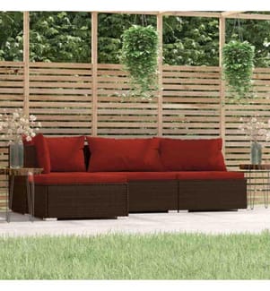 4-tlg. Garten-Lounge-Set mit Kissen Braun Poly Rattan
