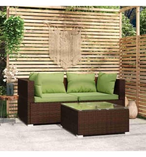3-tlg. Garten-Lounge-Set mit Kissen Braun Poly Rattan