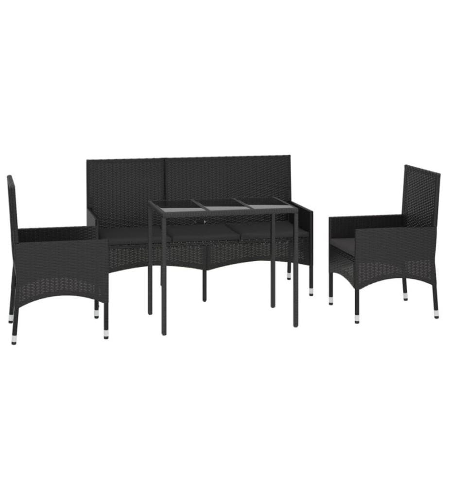 4-tlg. Garten-Lounge-Set mit Kissen Schwarz Poly Rattan