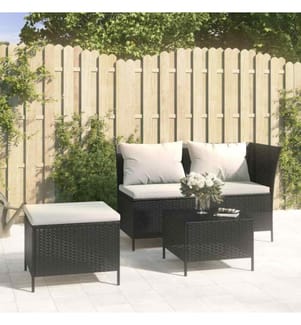 3-tlg. Garten-Lounge-Set mit Kissen Schwarz Poly Rattan