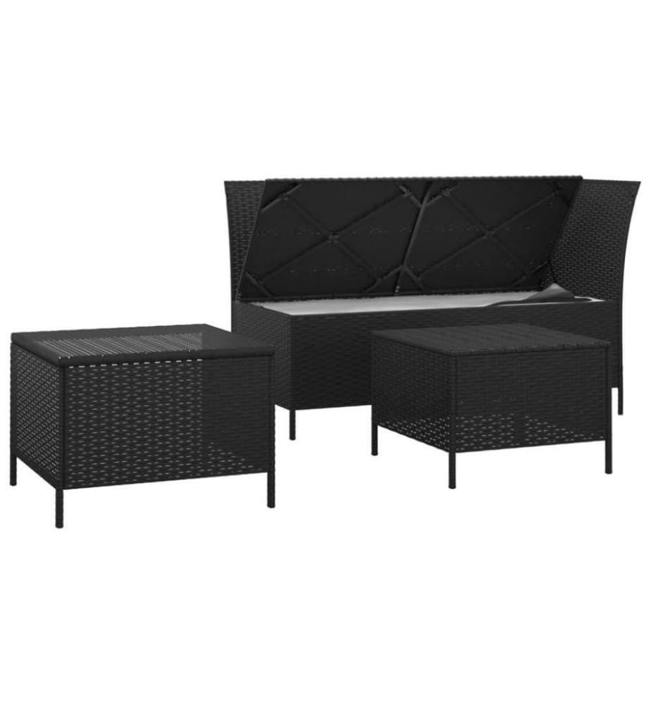 3-tlg. Garten-Lounge-Set mit Kissen Schwarz Poly Rattan