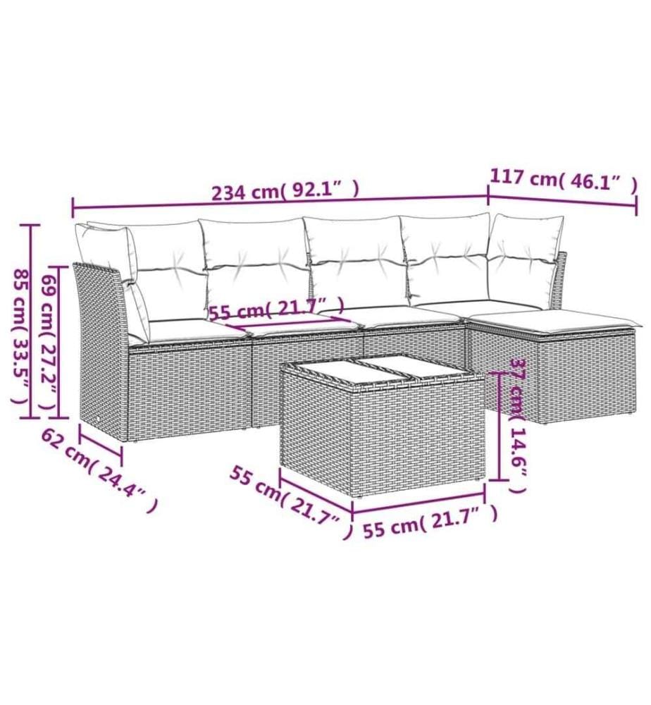 6-tlg. Garten-Sofagarnitur mit Kissen Schwarz Poly Rattan