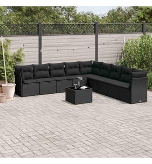 10-tlg. Garten-Sofagarnitur mit Kissen Schwarz Poly Rattan