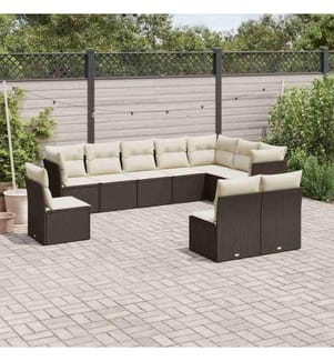 10-tlg. Garten-Sofagarnitur mit Kissen Braun Poly Rattan