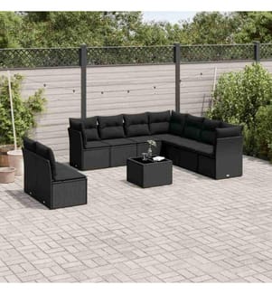 10-tlg. Garten-Sofagarnitur mit Kissen Schwarz Poly Rattan