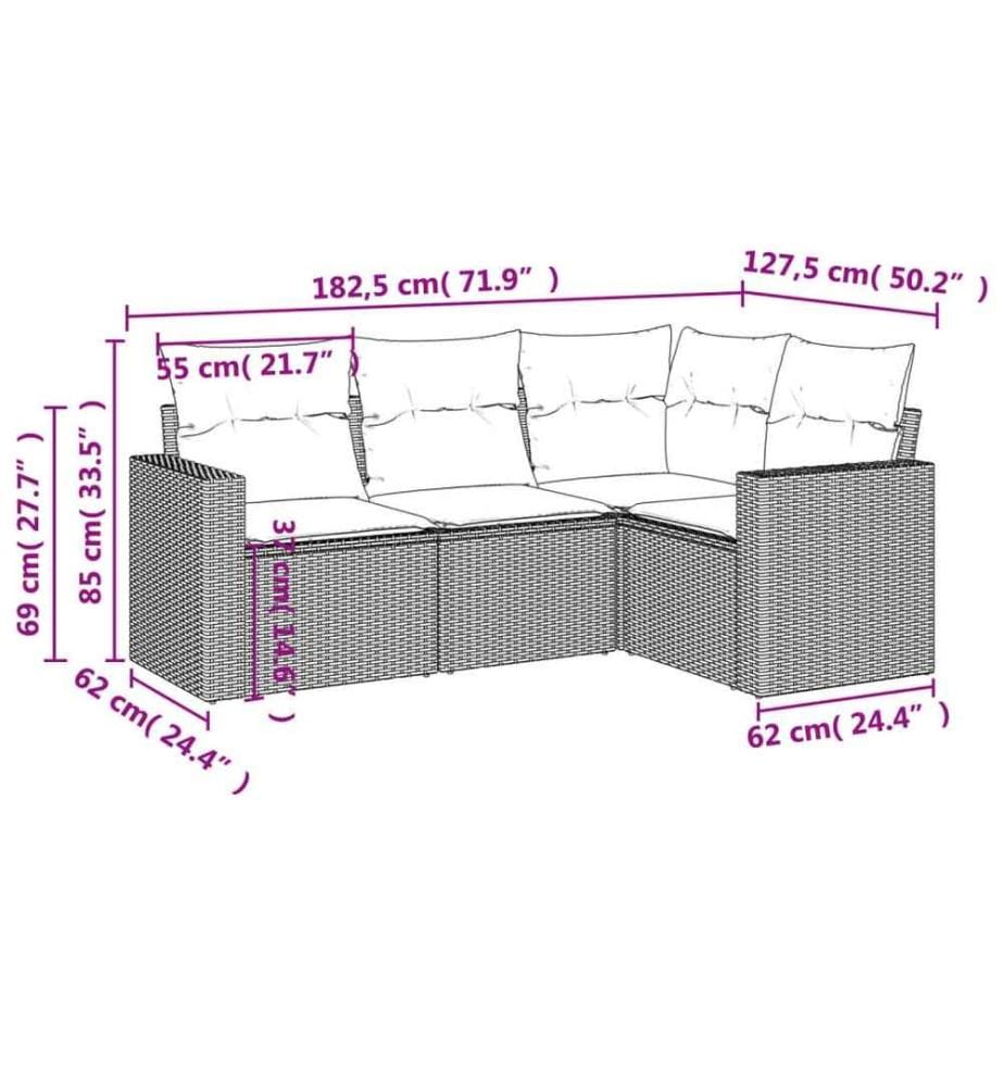 Salon de jardin 4 pcs avec coussins marron résine tressée