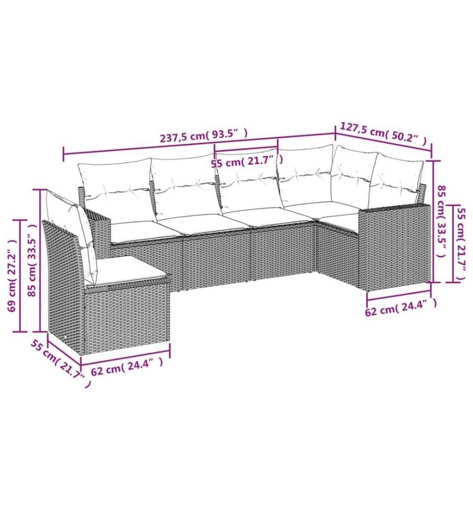 Salon de jardin 6 pcs avec coussins noir résine tressée