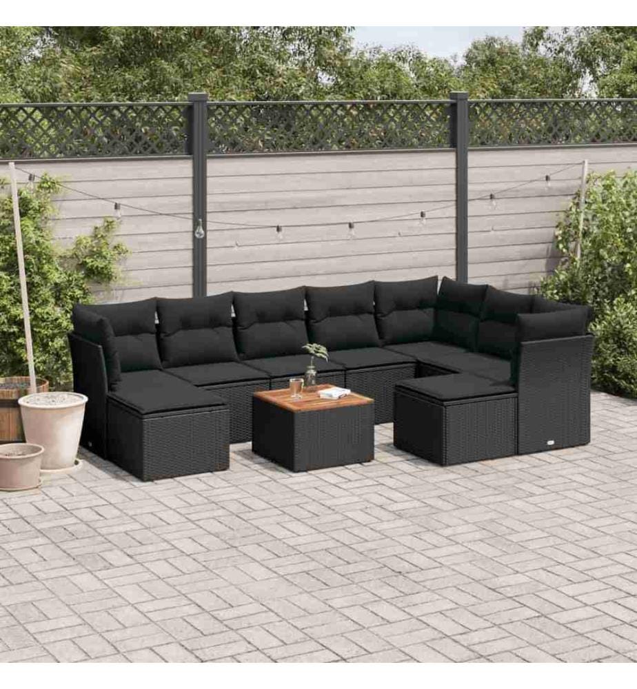 Salon de jardin 10 pcs avec coussins noir résine tressée