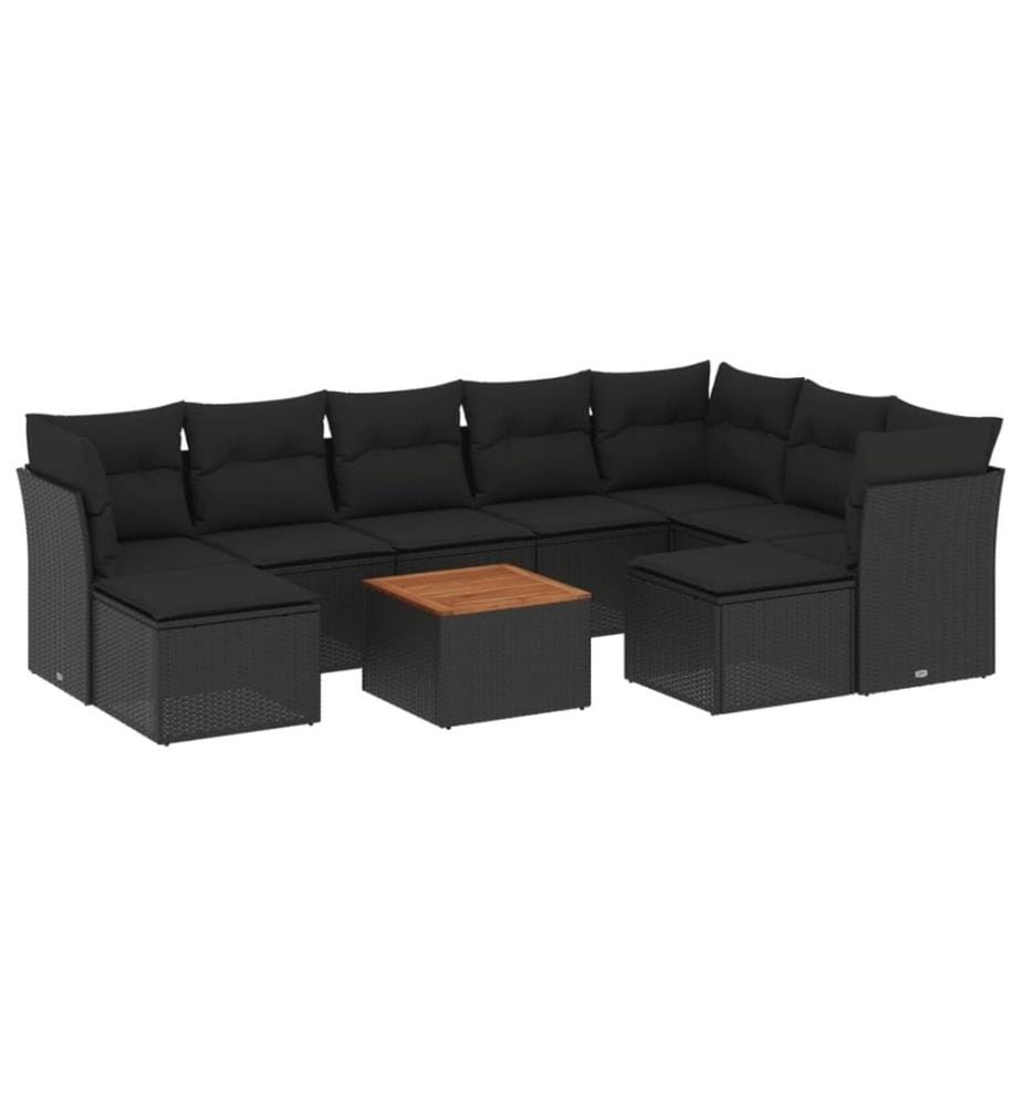 Salon de jardin 10 pcs avec coussins noir résine tressée