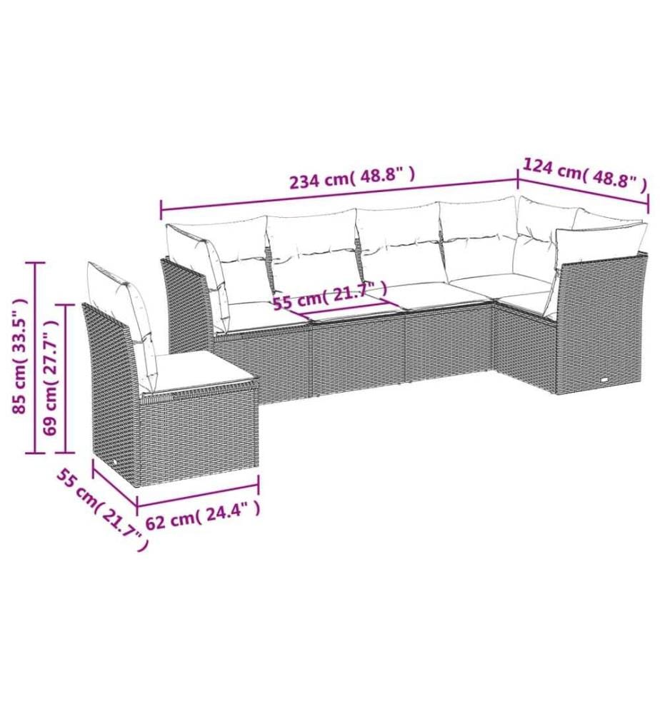 Salon de jardin avec coussins 6 pcs marron résine tressée