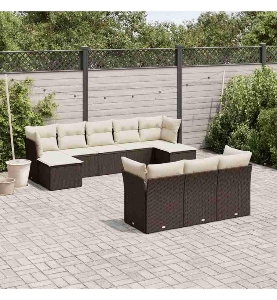 Salon de jardin 10 pcs avec coussins marron résine tressée