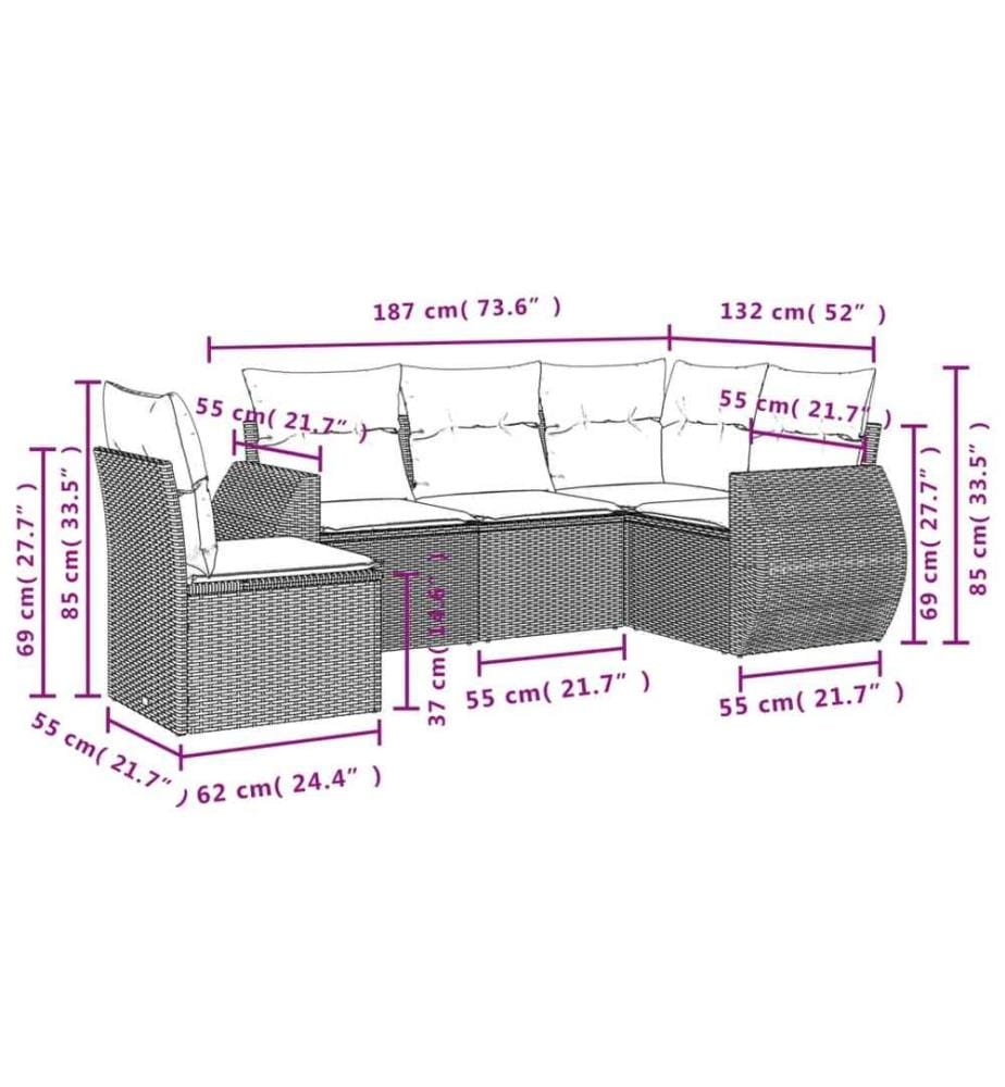 5-tlg. Garten-Sofagarnitur mit Kissen Schwarz Poly Rattan