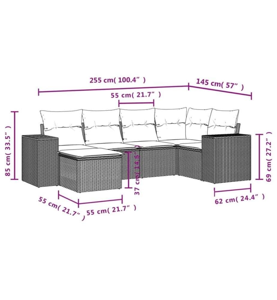 Salon de jardin 6 pcs avec coussins noir résine tressée