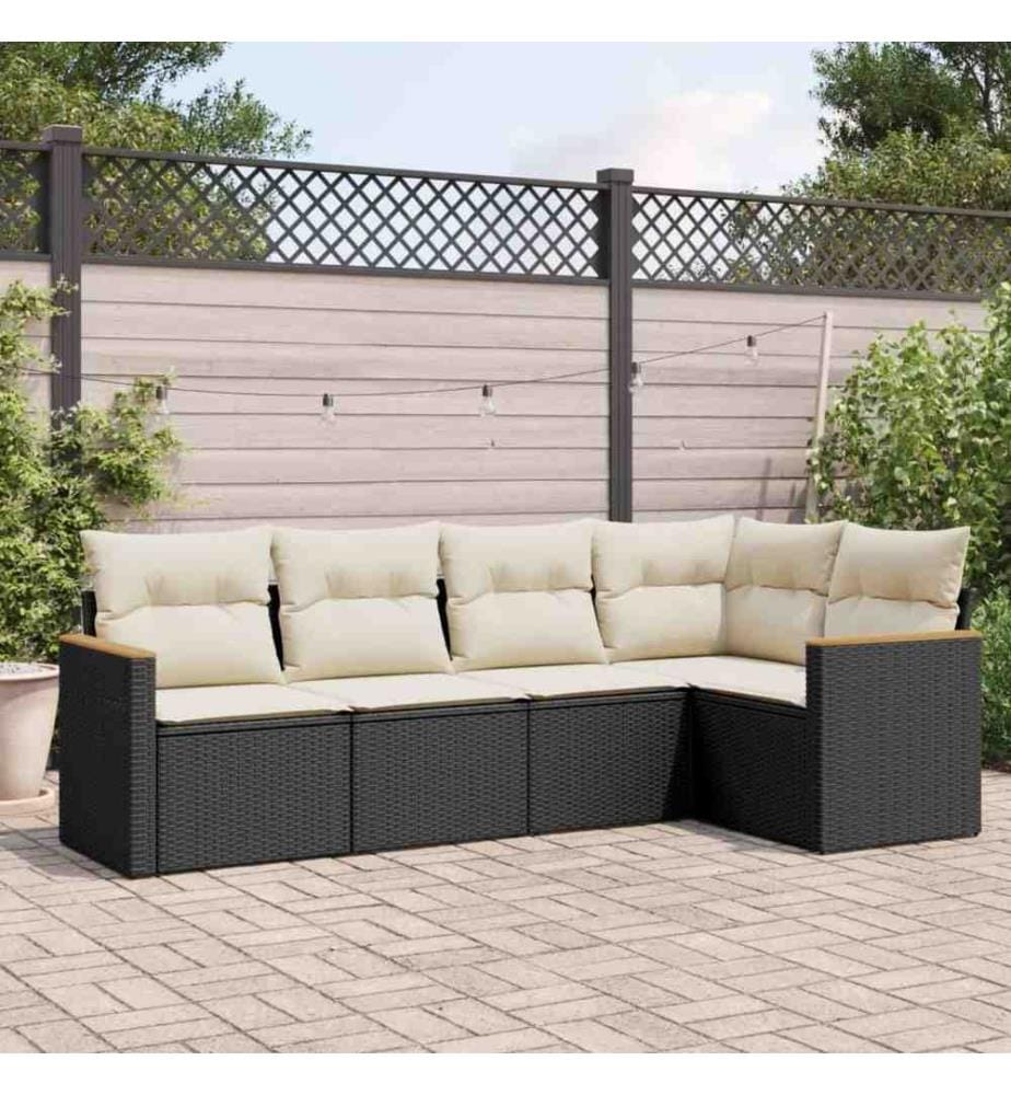 5-tlg. Garten-Sofagarnitur mit Kissen Schwarz Poly Rattan