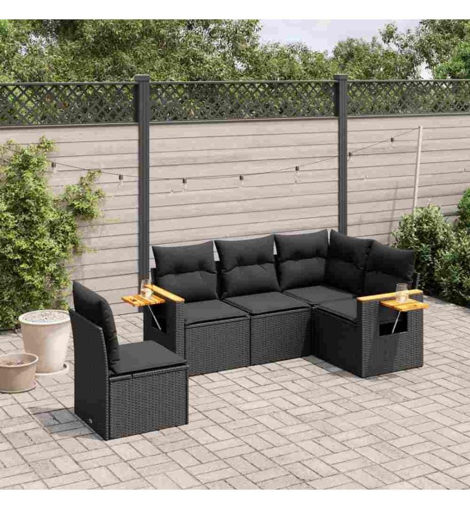 Salon de jardin 5 pcs avec coussins noir résine tressée