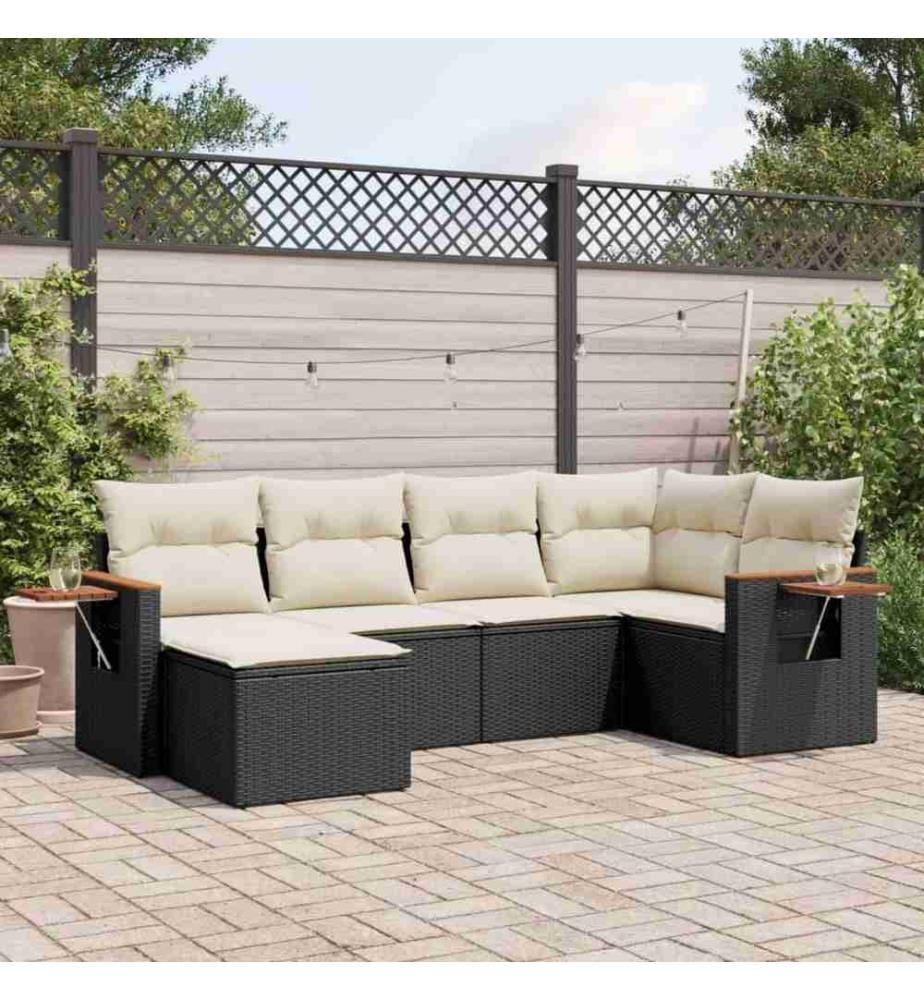 6-tlg. Garten-Sofagarnitur mit Kissen Schwarz Poly Rattan