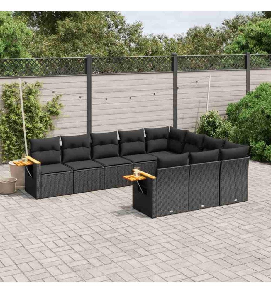 Salon de jardin 10 pcs avec coussins noir résine tressée