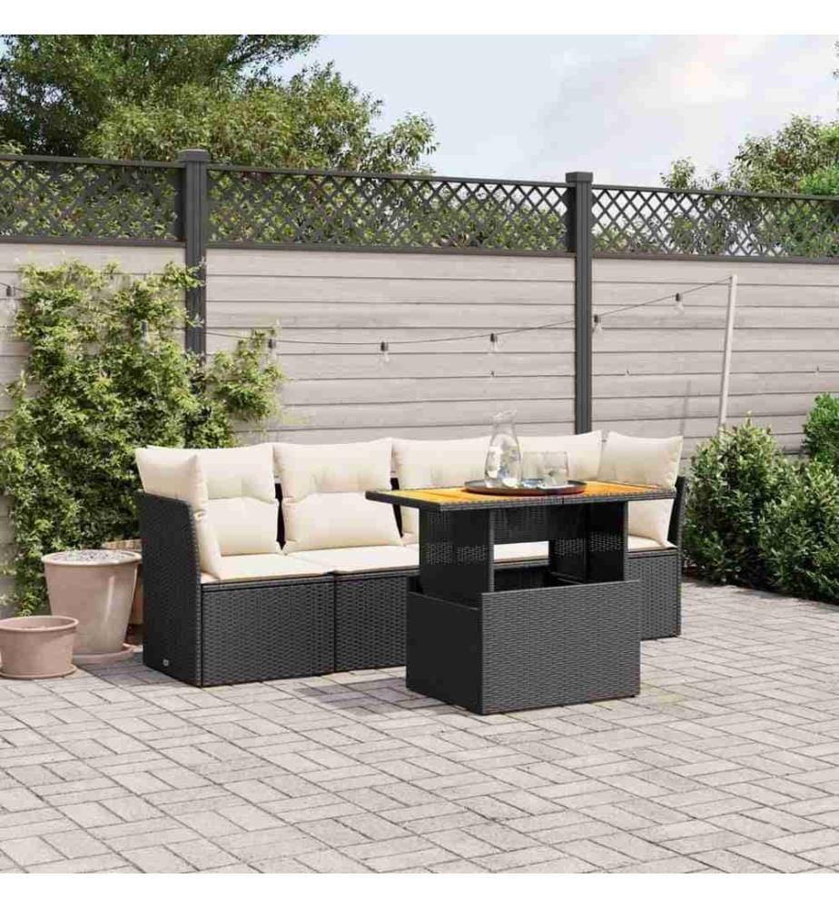 5-tlg. Garten-Sofagarnitur mit Kissen Schwarz Poly Rattan