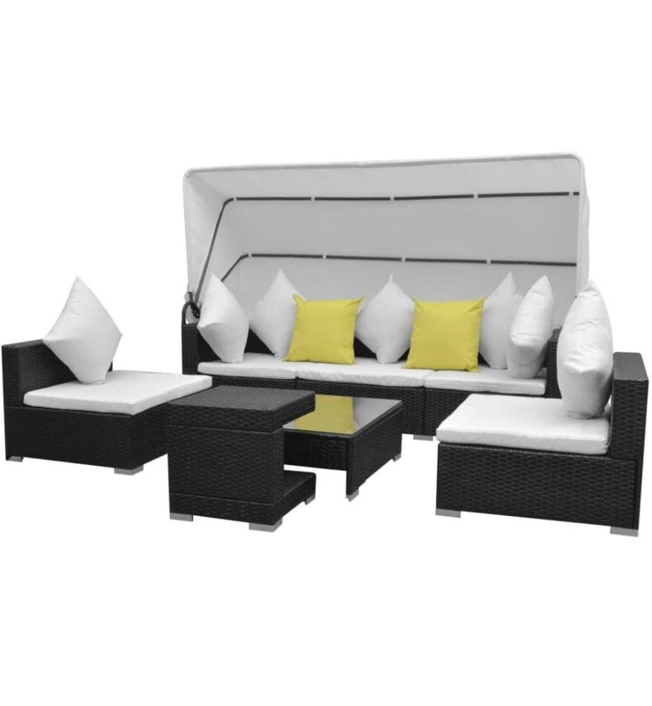 7-tlg. Garten-Lounge-Set mit Sonnendach Poly Rattan Schwarz