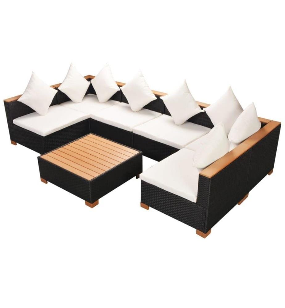 Salon de jardin 7 pcs avec coussins Résine tressée Noir