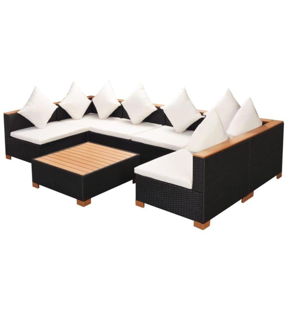 Salon de jardin 7 pcs avec coussins Résine tressée Noir