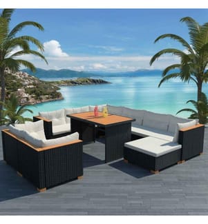 10-tlg. Garten-Lounge-Set mit Auflagen Poly Rattan Schwarz