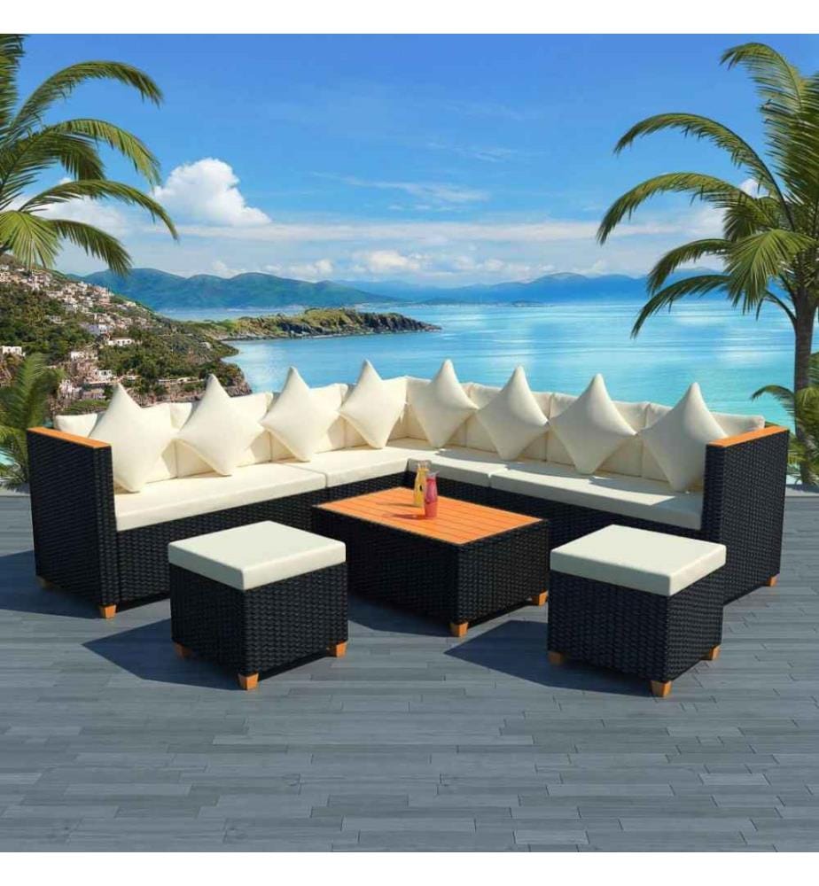 7-tlg. Garten-Lounge-Set mit Auflagen Poly Rattan Schwarz