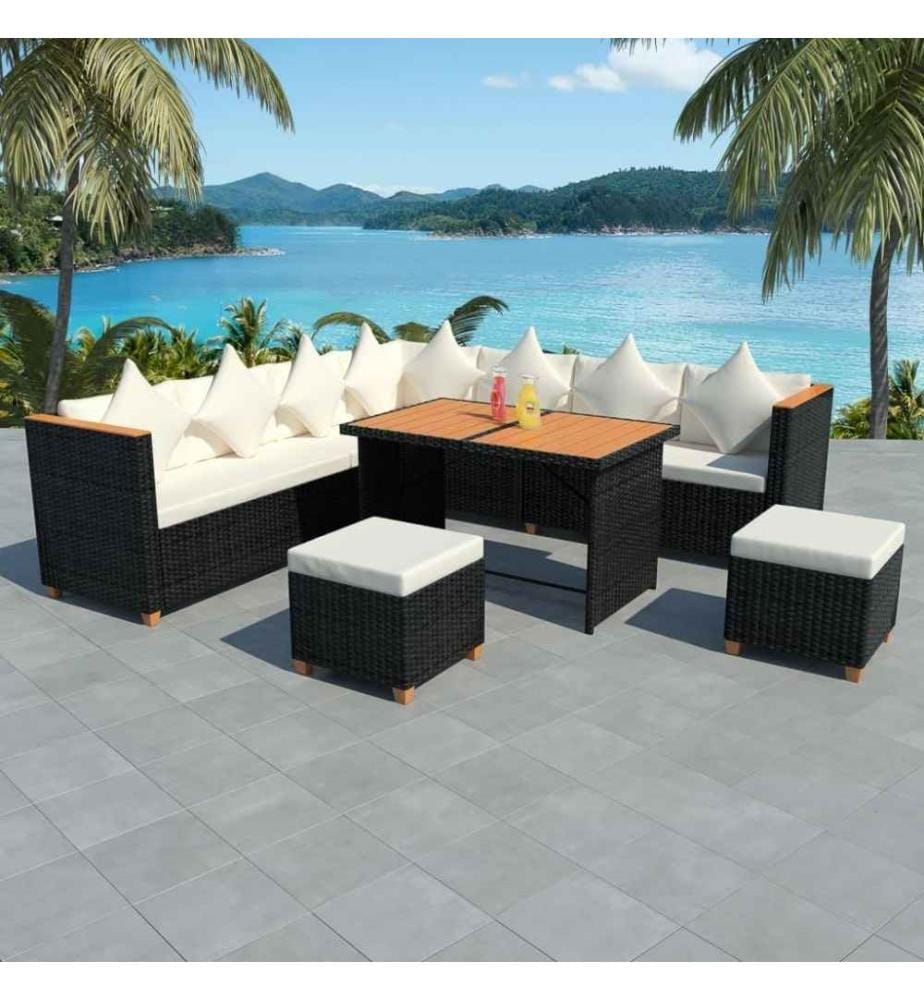 7-tlg. Garten-Lounge-Set mit Auflagen Poly Rattan Schwarz