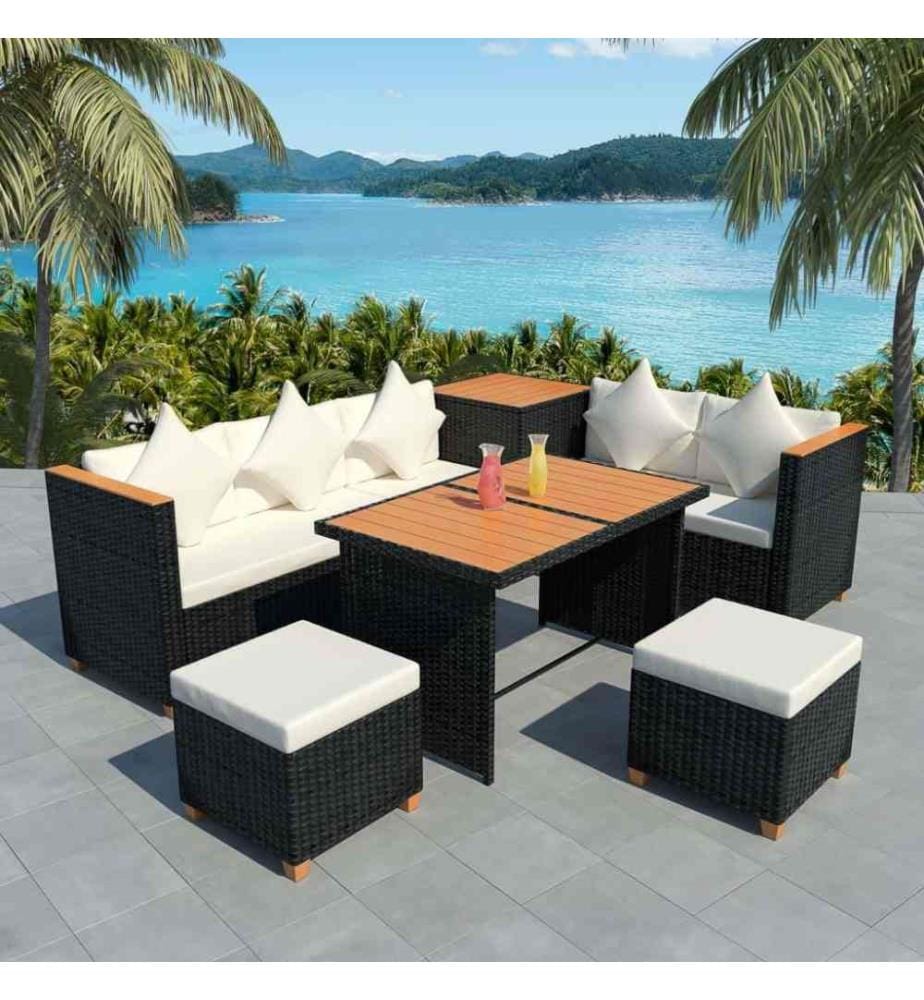 7-tlg. Garten-Lounge-Set mit Auflagen Poly Rattan Schwarz