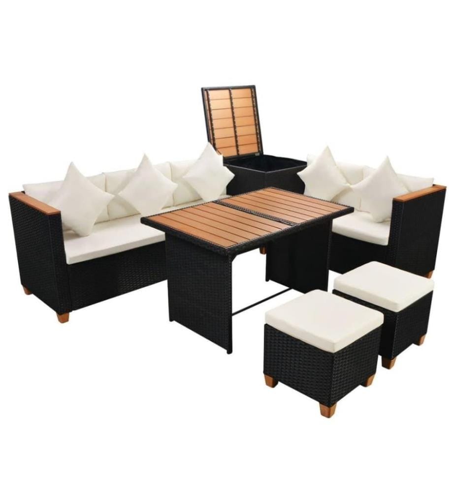 7-tlg. Garten-Lounge-Set mit Auflagen Poly Rattan Schwarz