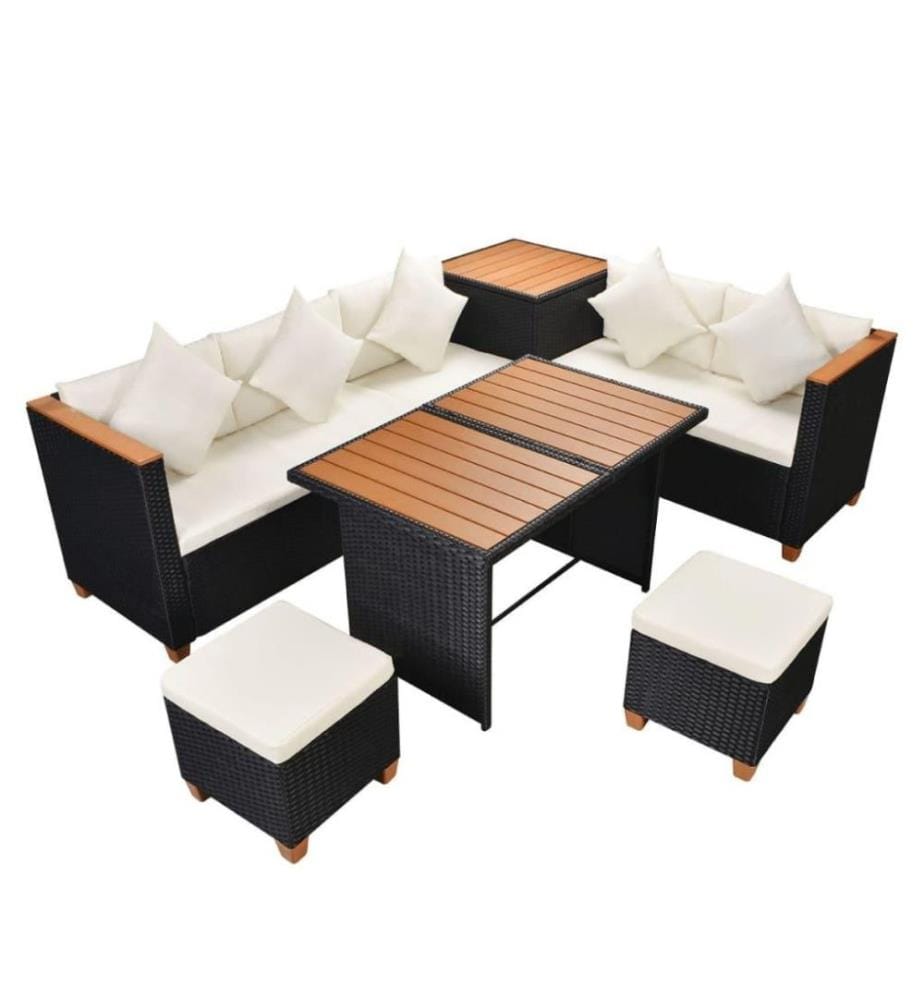 7-tlg. Garten-Lounge-Set mit Auflagen Poly Rattan Schwarz