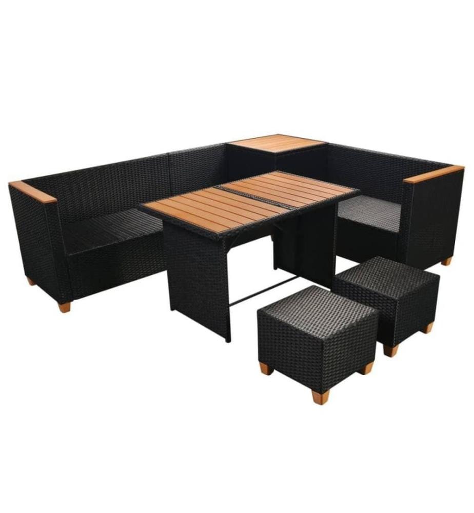 7-tlg. Garten-Lounge-Set mit Auflagen Poly Rattan Schwarz