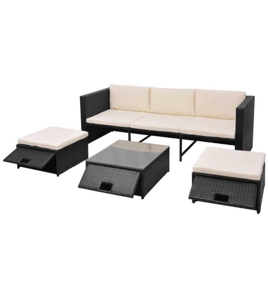 4-tlg. Garten-Lounge-Set mit Auflagen Poly Rattan Schwarz