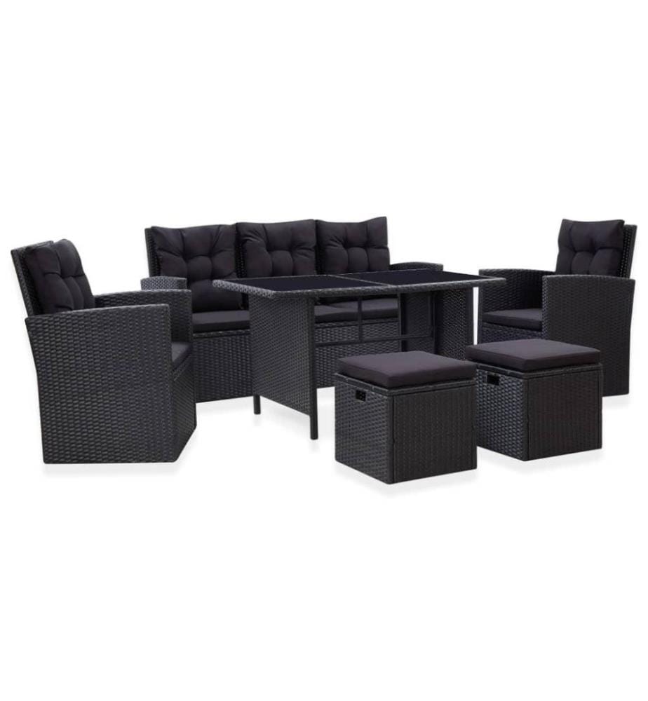 Salon de jardin 6 pcs avec coussins Résine tressée Noir