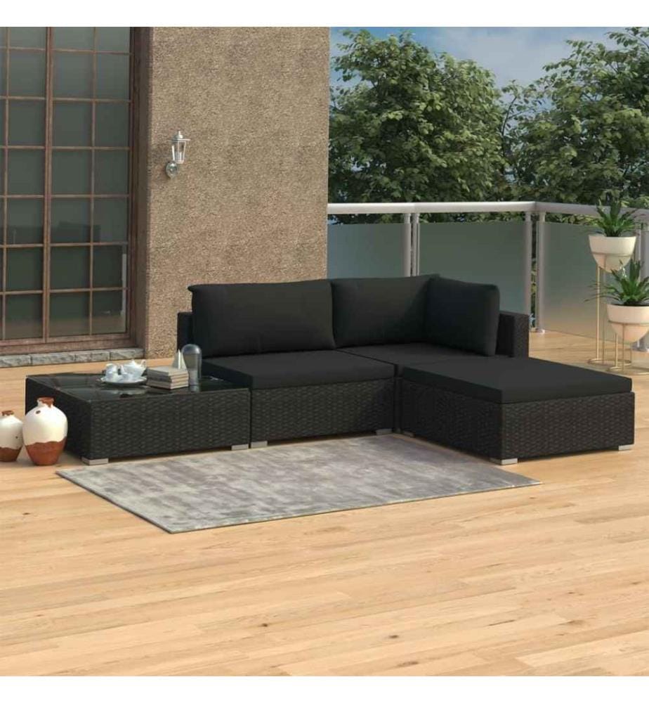 Salon de jardin 4 pcs avec coussins Résine tressée Noir