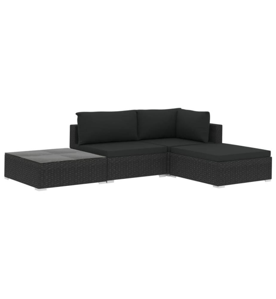 Salon de jardin 4 pcs avec coussins Résine tressée Noir