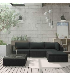 5-tlg. Garten-Lounge-Set mit Auflagen Poly Rattan Schwarz