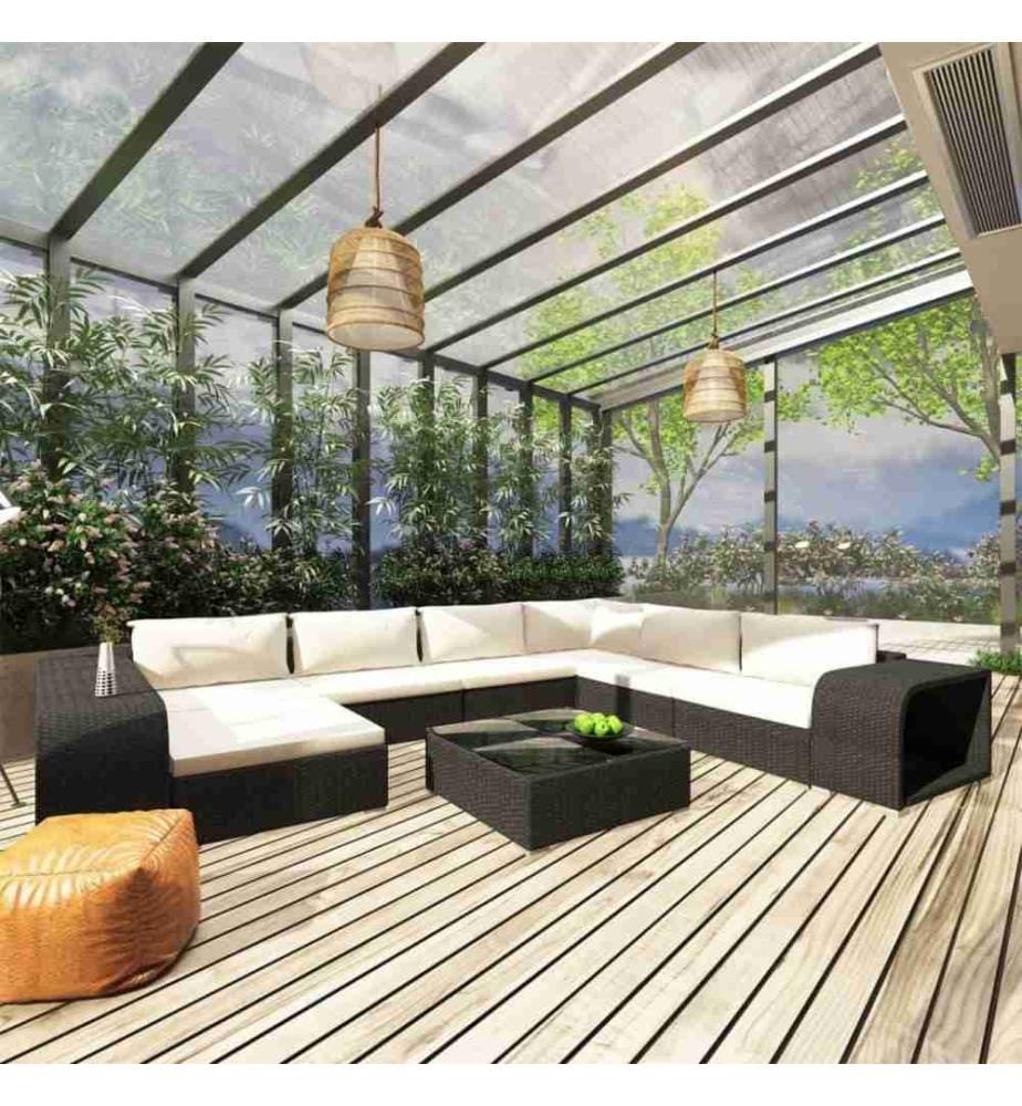 Salon de jardin 10 pcs avec coussins résine tressée noir
