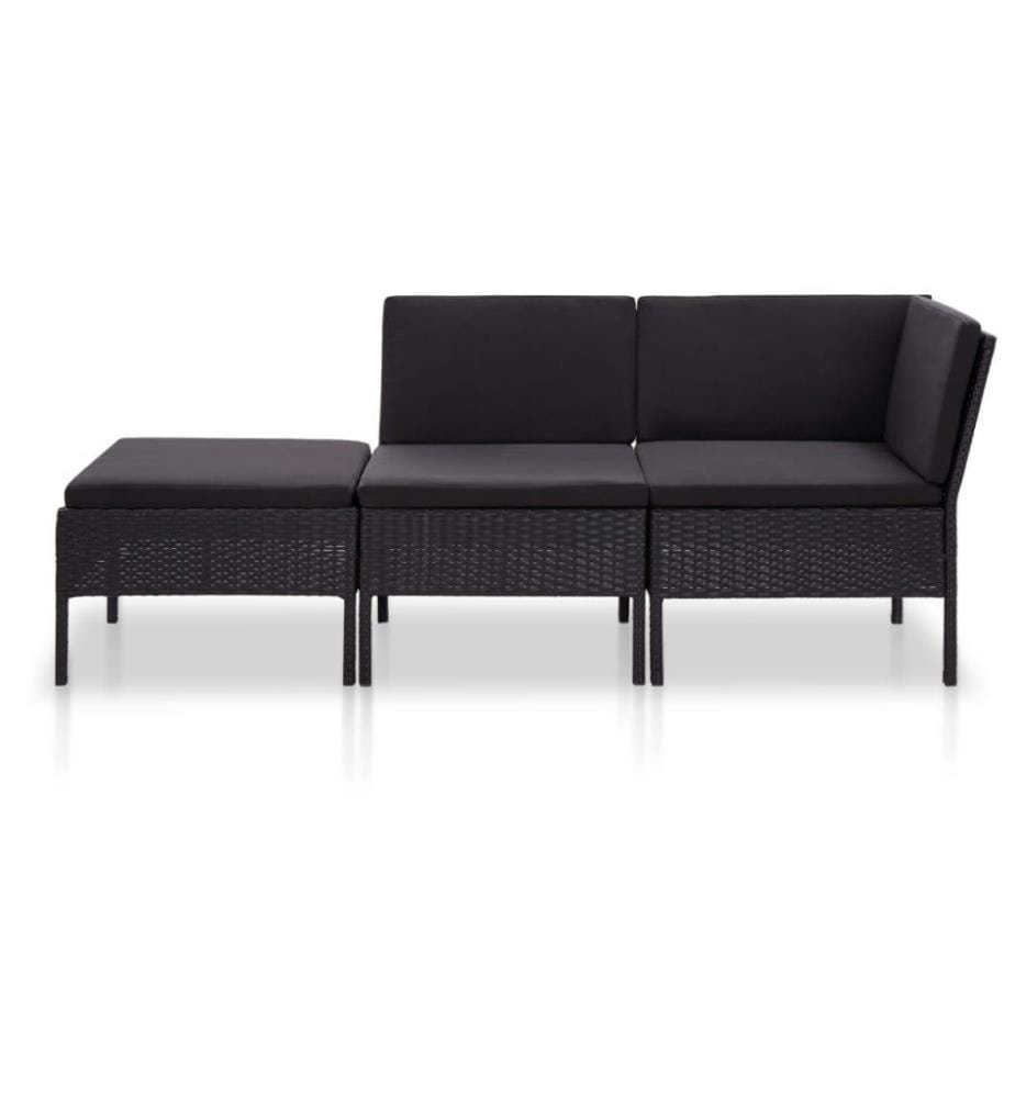 3-tlg. Garten-Lounge-Set mit Auflagen Poly Rattan Schwarz