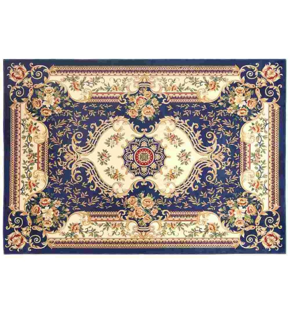 Tapis Rectangulaire Bleu Foncé en Polyester Motif Oriental pour Salon Baroque et Traditionnel Moderne 160 x 230 cm