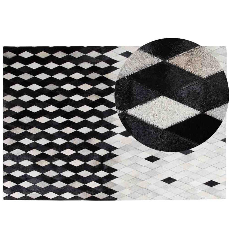Teppich Schwarz Weiss Echtleder 160 x 230 cm Kurzflor Rauten Muster Handgefertigt Rechteckig
